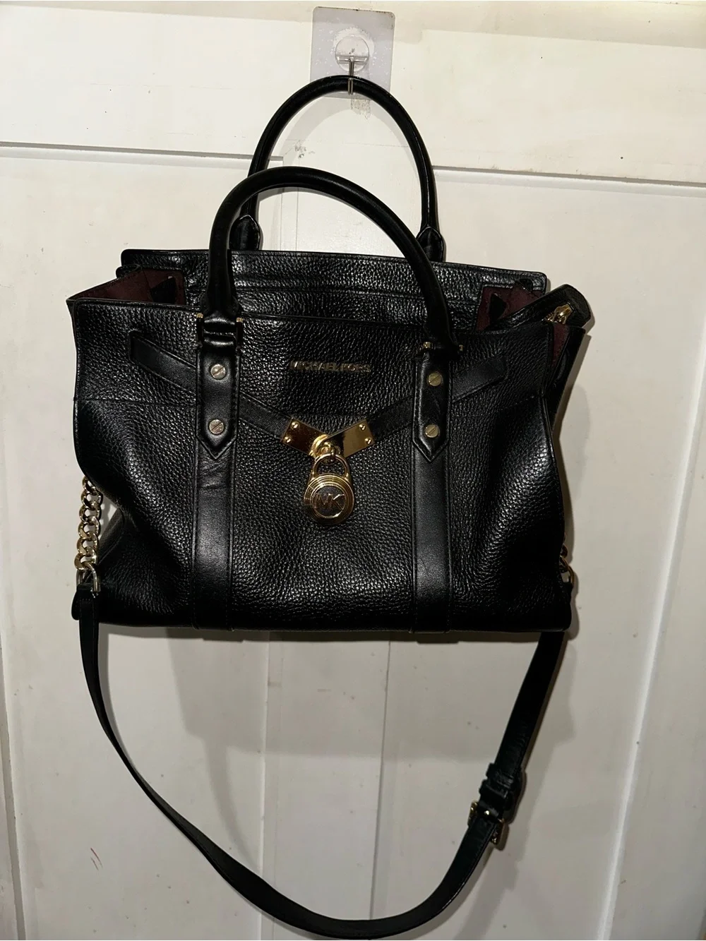 Michael Kors Black Pebbled Leather Satchel with Gold Hardware and MK Padlock